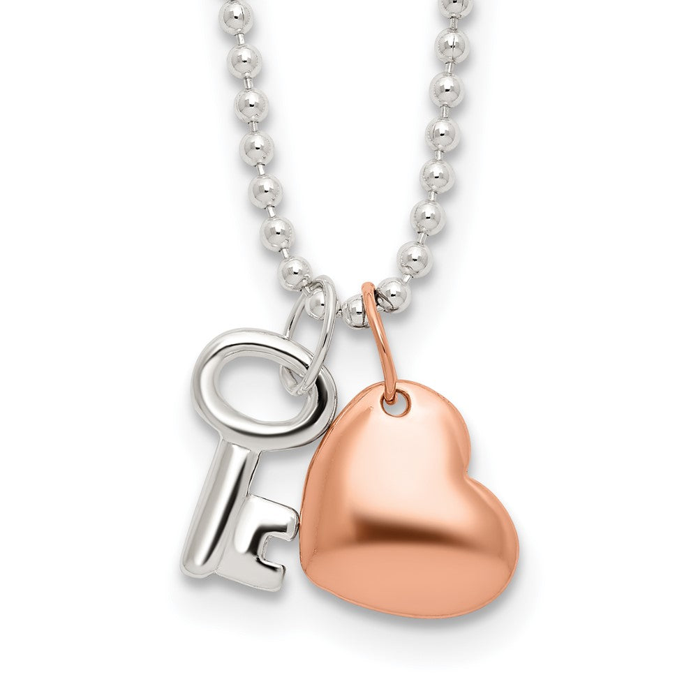 Sterling Silver Rose-tone Heart and Key 19 inch Necklace