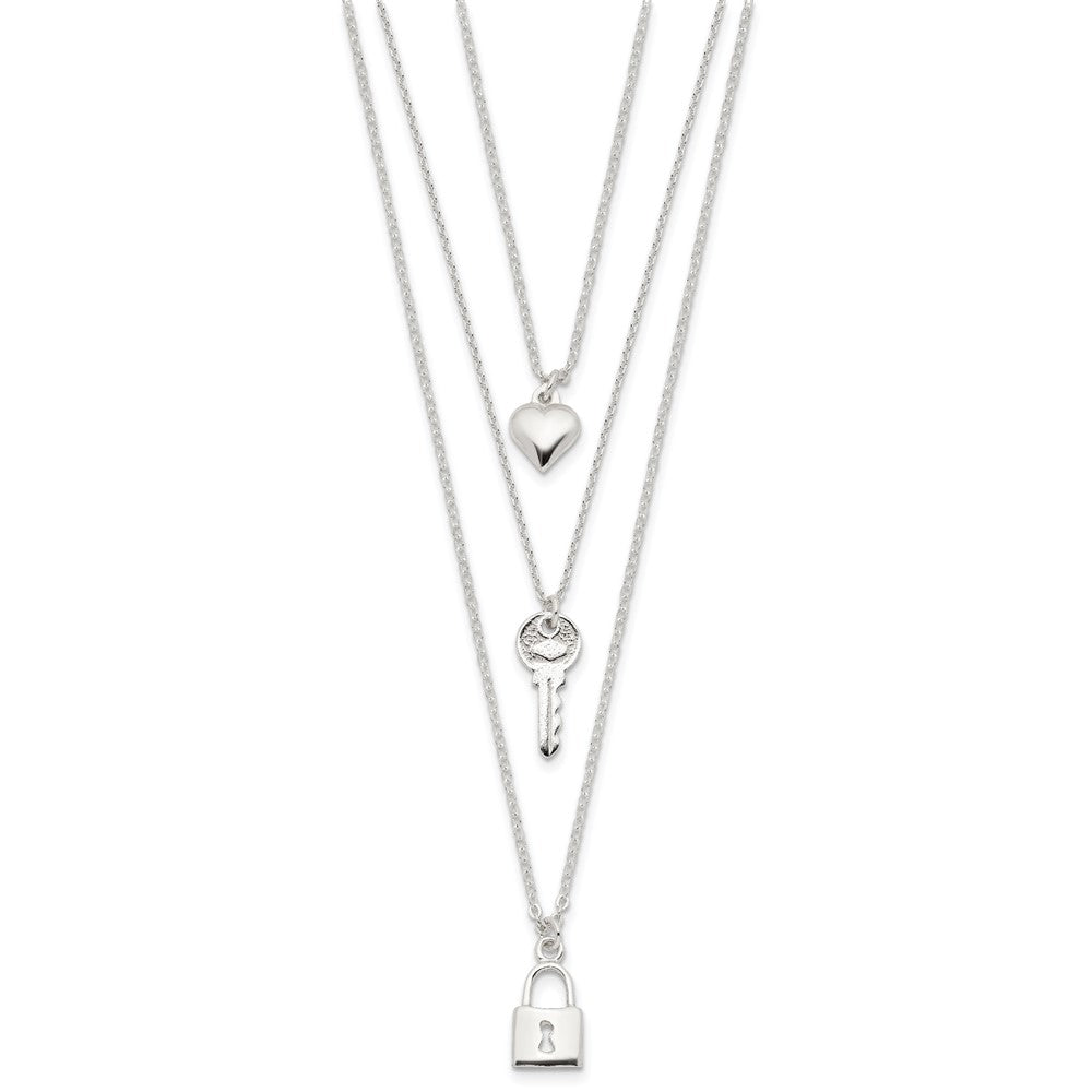 Sterling Silver Lock, Heart and Key Multi-Strand 16in Necklace