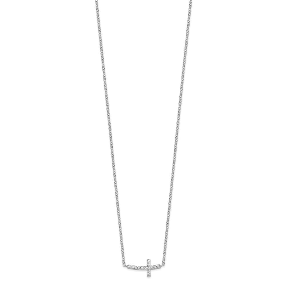 Sterling Silver Rhodium-plated CZ Sideways Cross w/2 inch ext Necklace