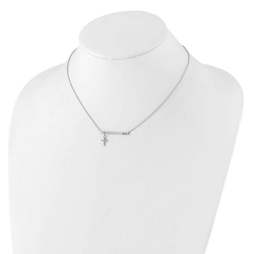 Sterling Silver RH-plated CZ Cross Enamel FAITH 16in w/2inext. Bar Necklace