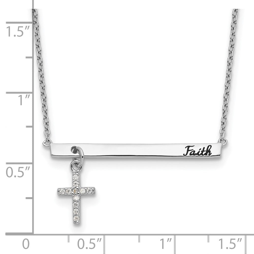 Sterling Silver RH-plated CZ Cross Enamel FAITH 16in w/2inext. Bar Necklace