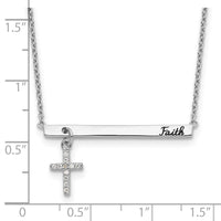 Sterling Silver RH-plated CZ Cross Enamel FAITH 16in w/2inext. Bar Necklace
