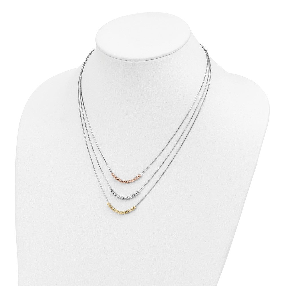 Sterling Silver Rhod-plated Diamond-cut Gold/Rose-tone 3 Strand Necklace