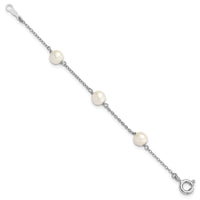 Sterling Silver RH-pltd Semi-round 3 station 5-5.5mm FWC Pearl 4in Bracelet