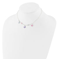 Sterling Silver Polished Enameled Floral & Butterfly 14in Necklace