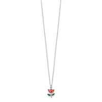 Sterling Silver Polished Red & Green Enameled Flower 14 Inch Necklace