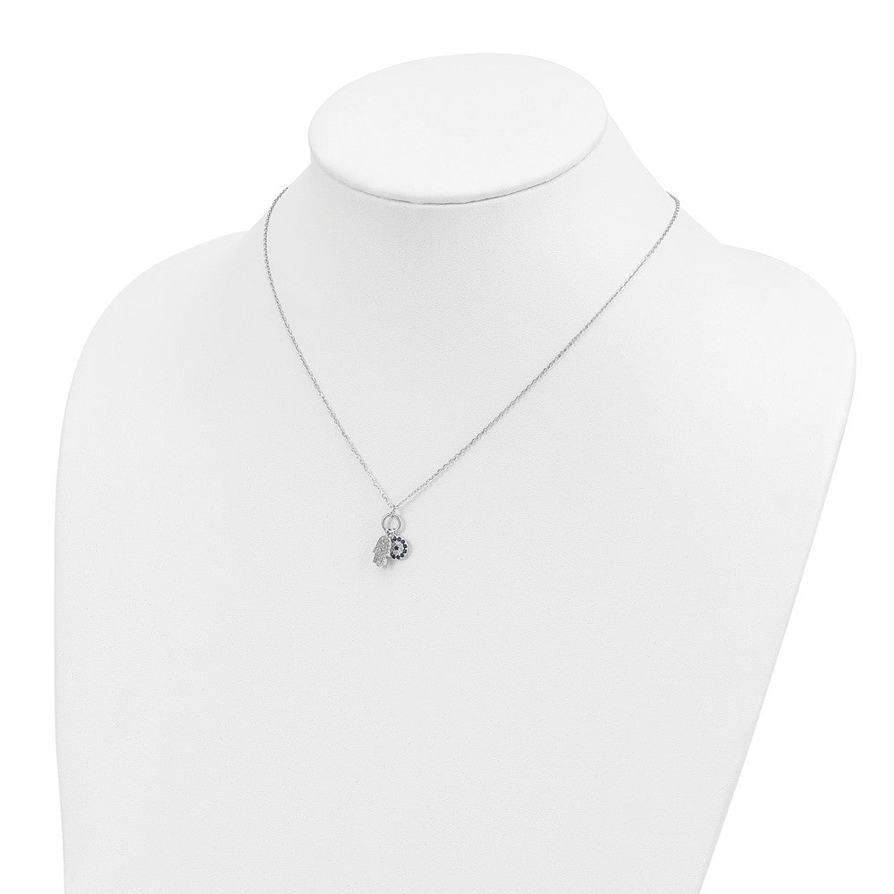 Sterling Silver Rhod-plated CZ Eye and Hamsa Charm Necklace