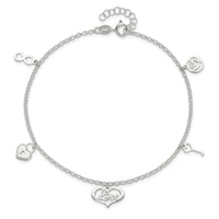 Sterling Silver Love Themed Dangles 9in Plus 1in Ext. Anklet