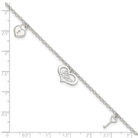 Sterling Silver Love Themed Dangles 9in Plus 1in Ext. Anklet