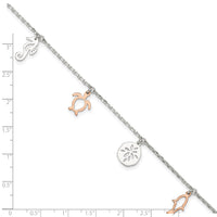 Sterling Silver Rose-tone Seashore Dangles 9in Plus 1in Ext. Anklet