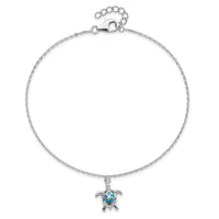 Sterling Silver RH-plated Created Opal Turtle 9in Plus 1in Ext. Anklet