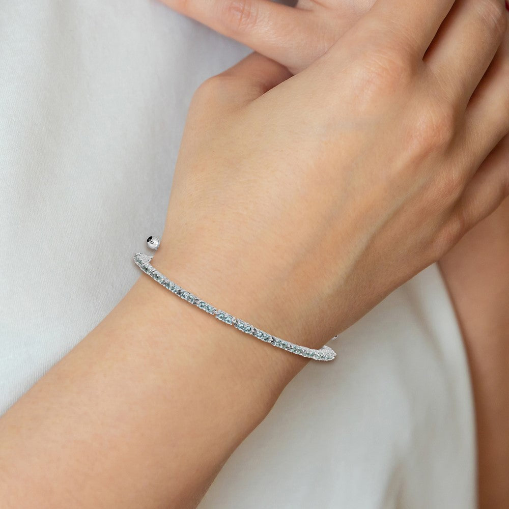 Sterling Silver Rhodium-plated March Light Blue CZ Adjustable Bracelet