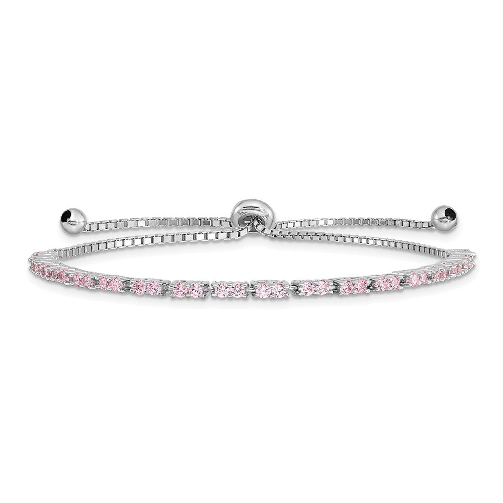 Sterling Silver Rhodium-plated October Pink CZ  Adjustable Bracelet