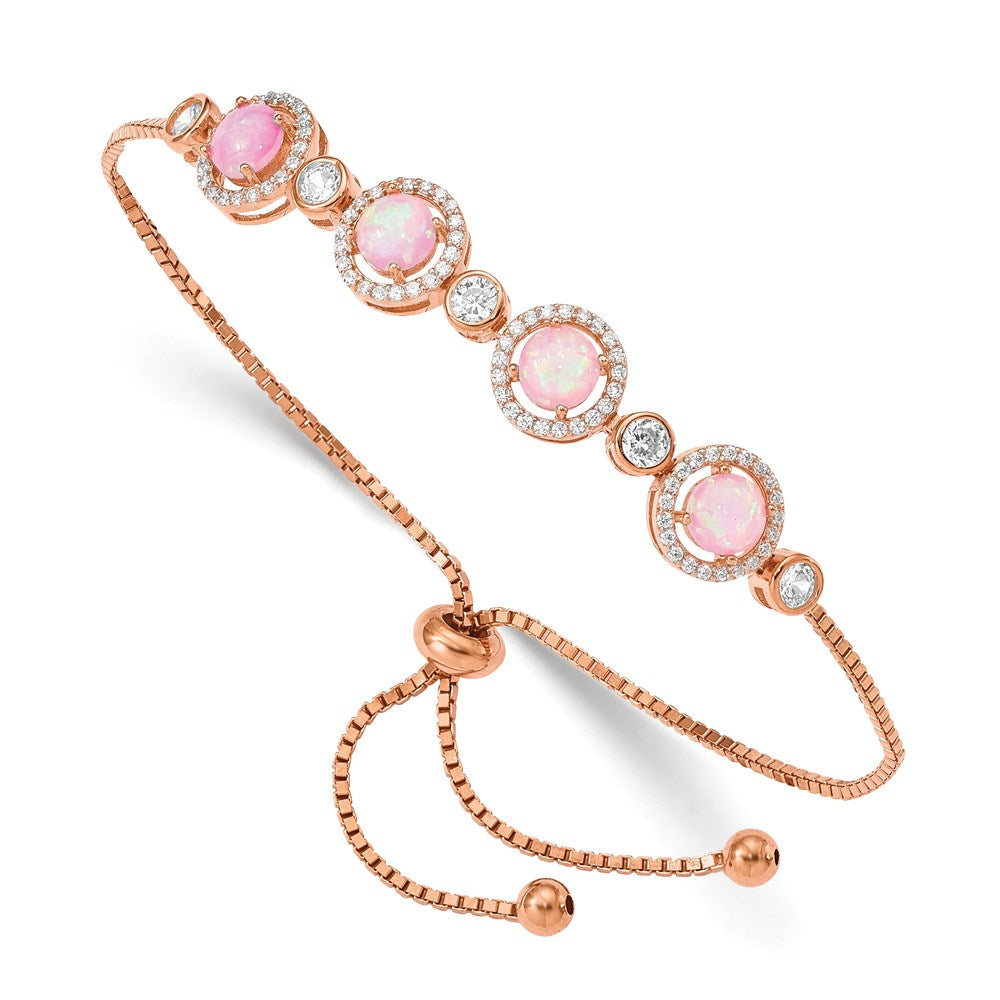 Sterling Silver Rose Gold-plated Created Opal and CZ Adjustable Bracelet