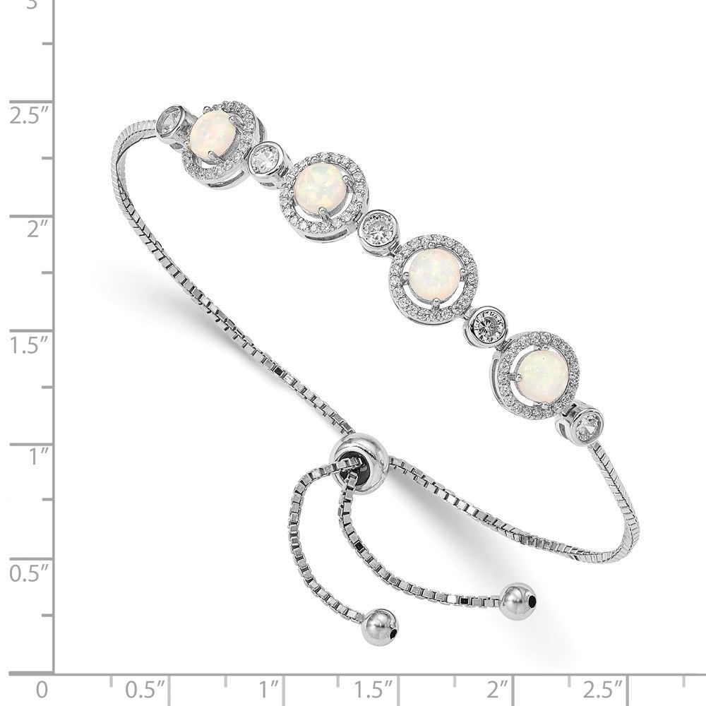 Sterling Silver RH-plated Created Opal and CZ Adjustable Bracelet