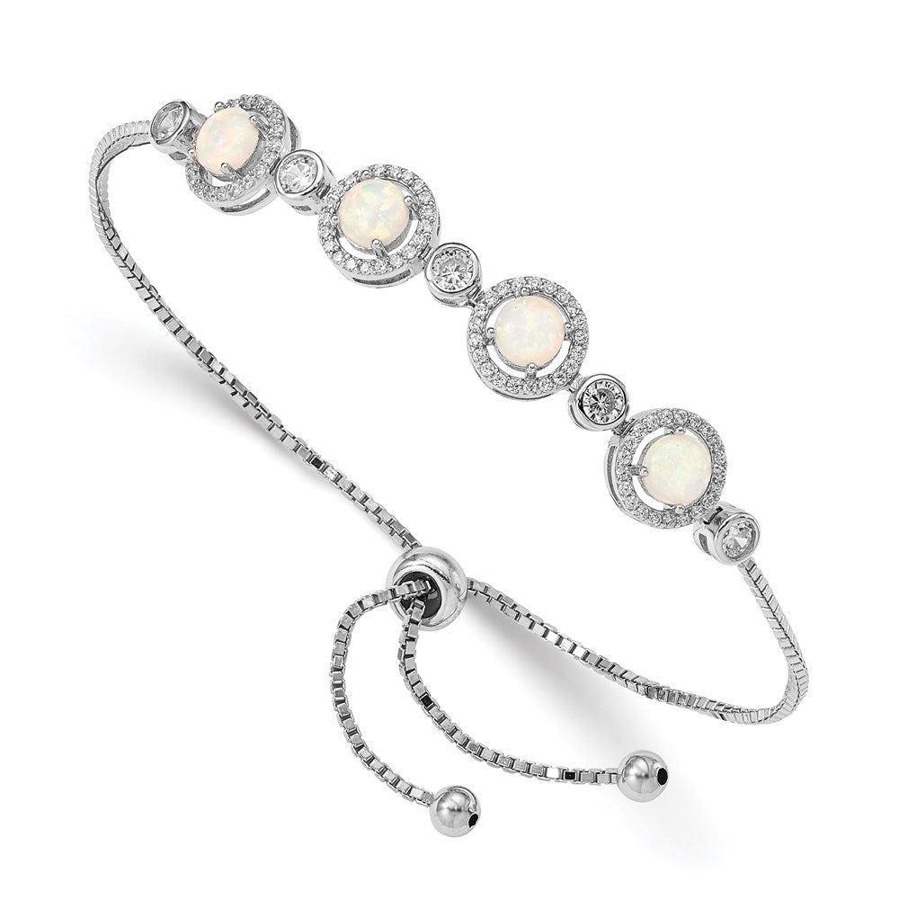 Sterling Silver RH-plated Created Opal and CZ Adjustable Bracelet