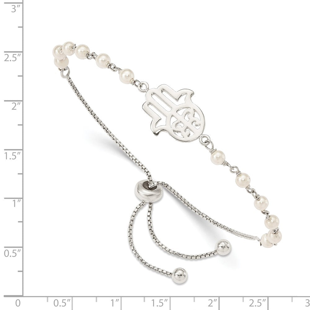Sterling Silver Hamsa w/ Simulated Pearl Adjustable Bracelet