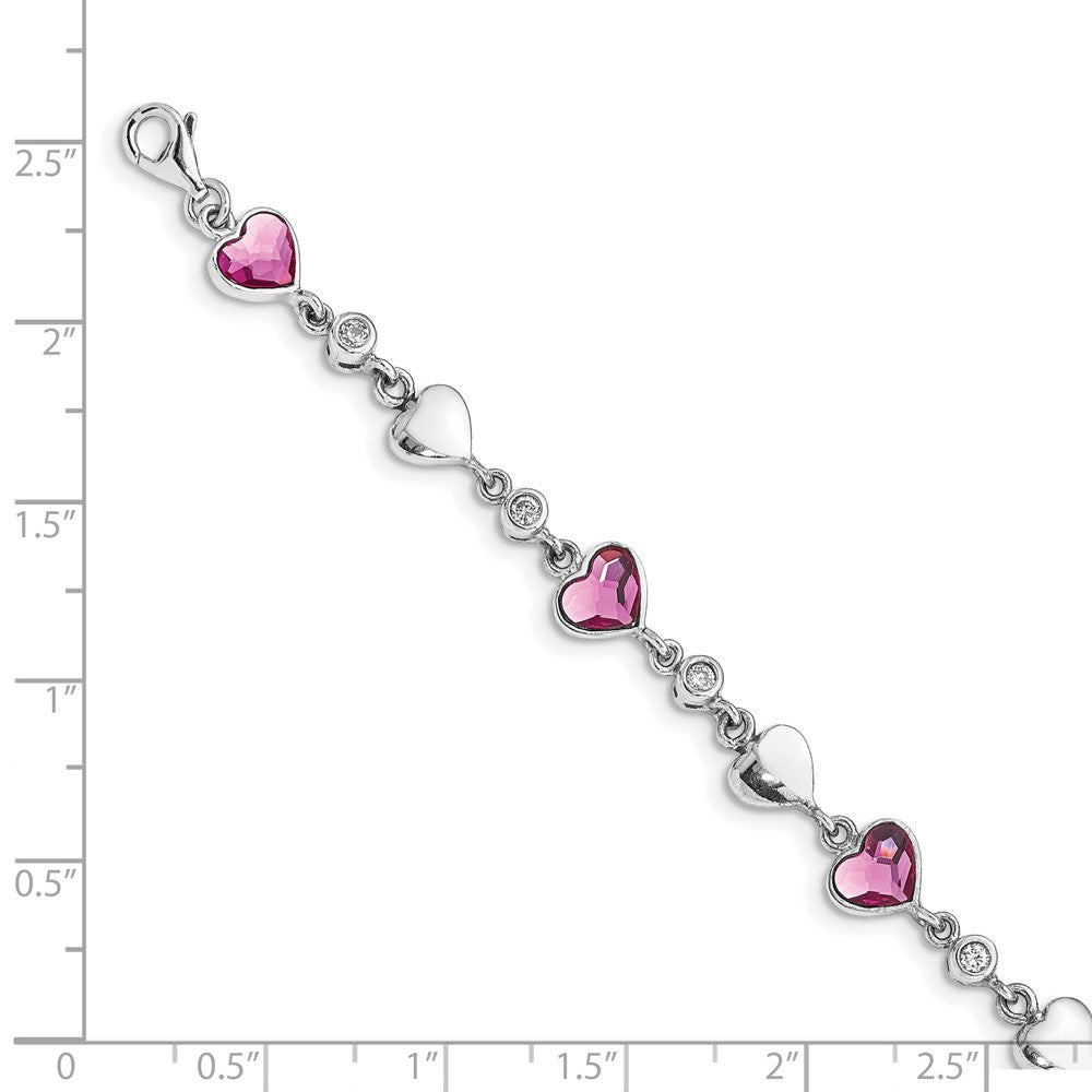 Sterling Silver RH Plated Clear & Pink Crystal Hearts  w/1in ext Bracelet