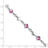 Sterling Silver RH Plated Clear & Pink Crystal Hearts  w/1in ext Bracelet