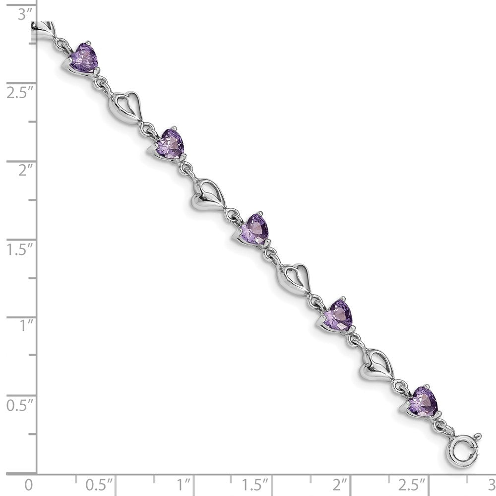 Sterling Silver Rhodium-plated w/1in ext Purple Crystal Hearts Bracelet