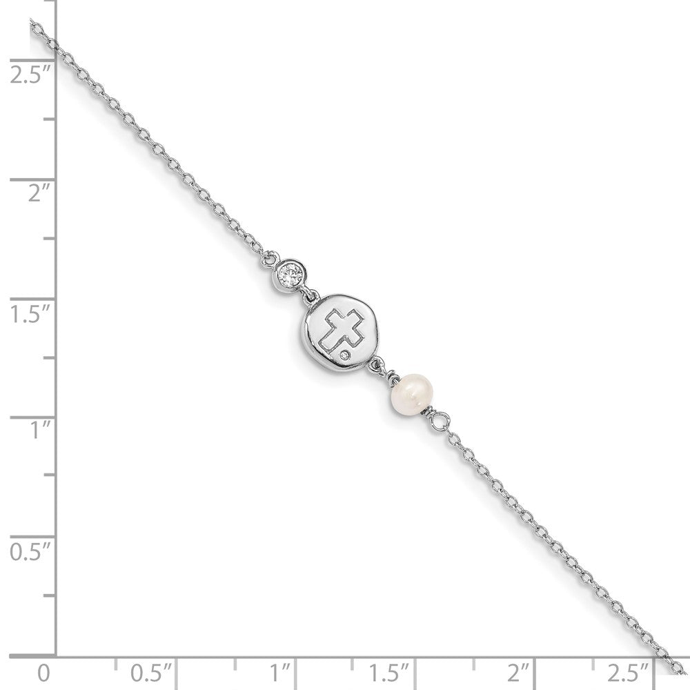 Sterling Silver RH-plated CZ/Cross/FWC Pearl w/0.5in ext Bracelet