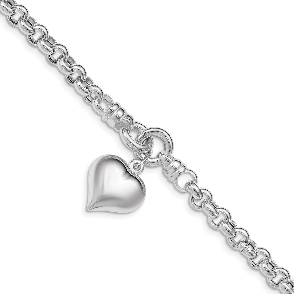 Sterling Silver Polished Rolo w/ Dangle Heart Charm Bracelet