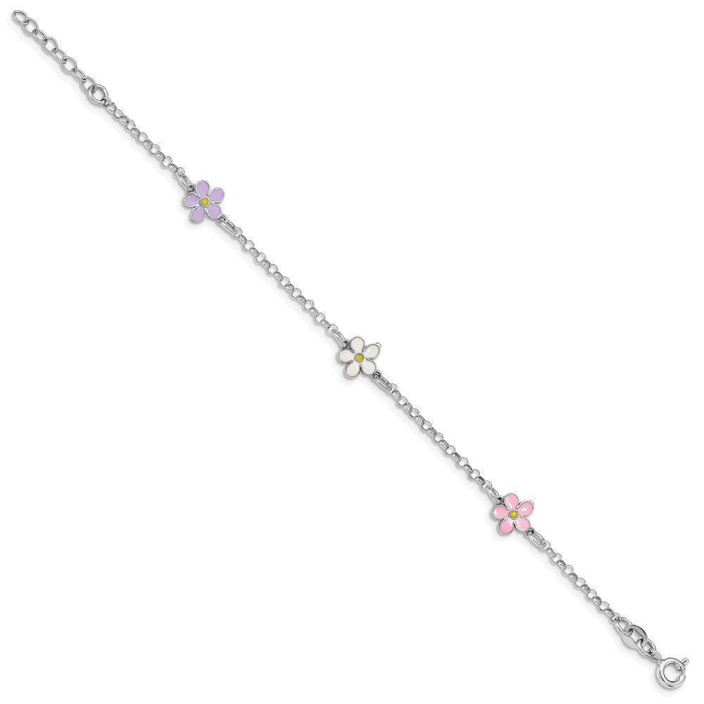 Sterling Silver RH-plated Enameled Flower 6.25in. w/ .75in Ext. Bracelet