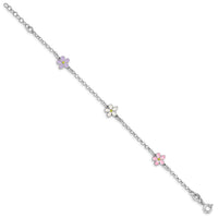 Sterling Silver RH-plated Enameled Flower 6.25in. w/ .75in Ext. Bracelet