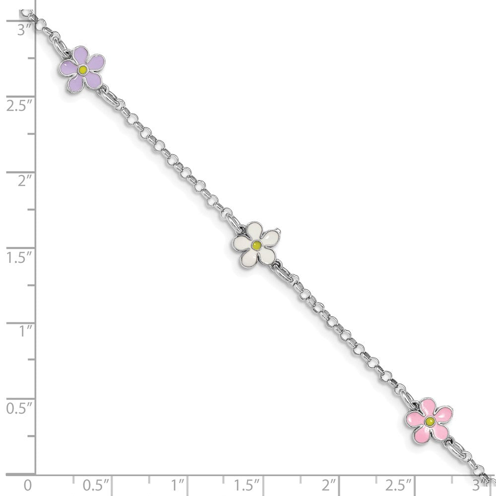 Sterling Silver RH-plated Enameled Flower 6.25in. w/ .75in Ext. Bracelet