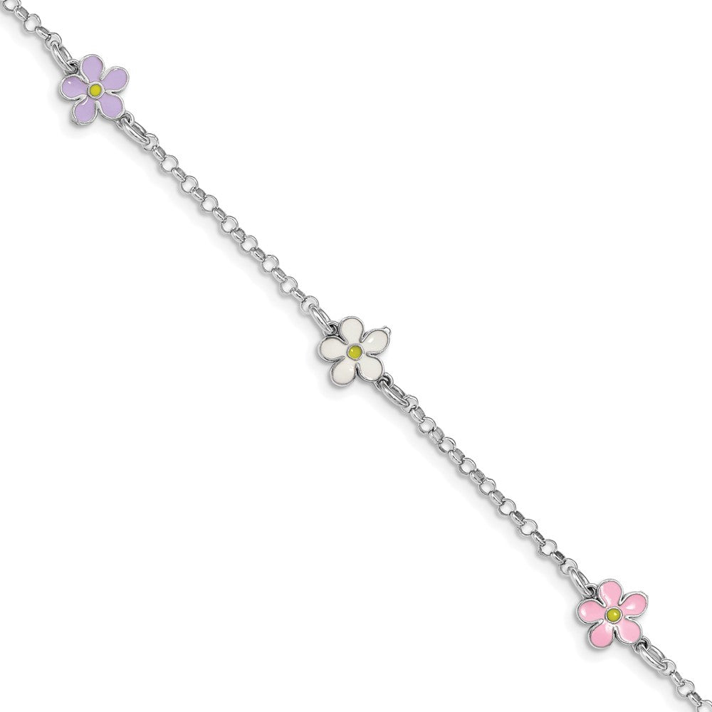 Sterling Silver RH-plated Enameled Flower 6.25in. w/ .75in Ext. Bracelet