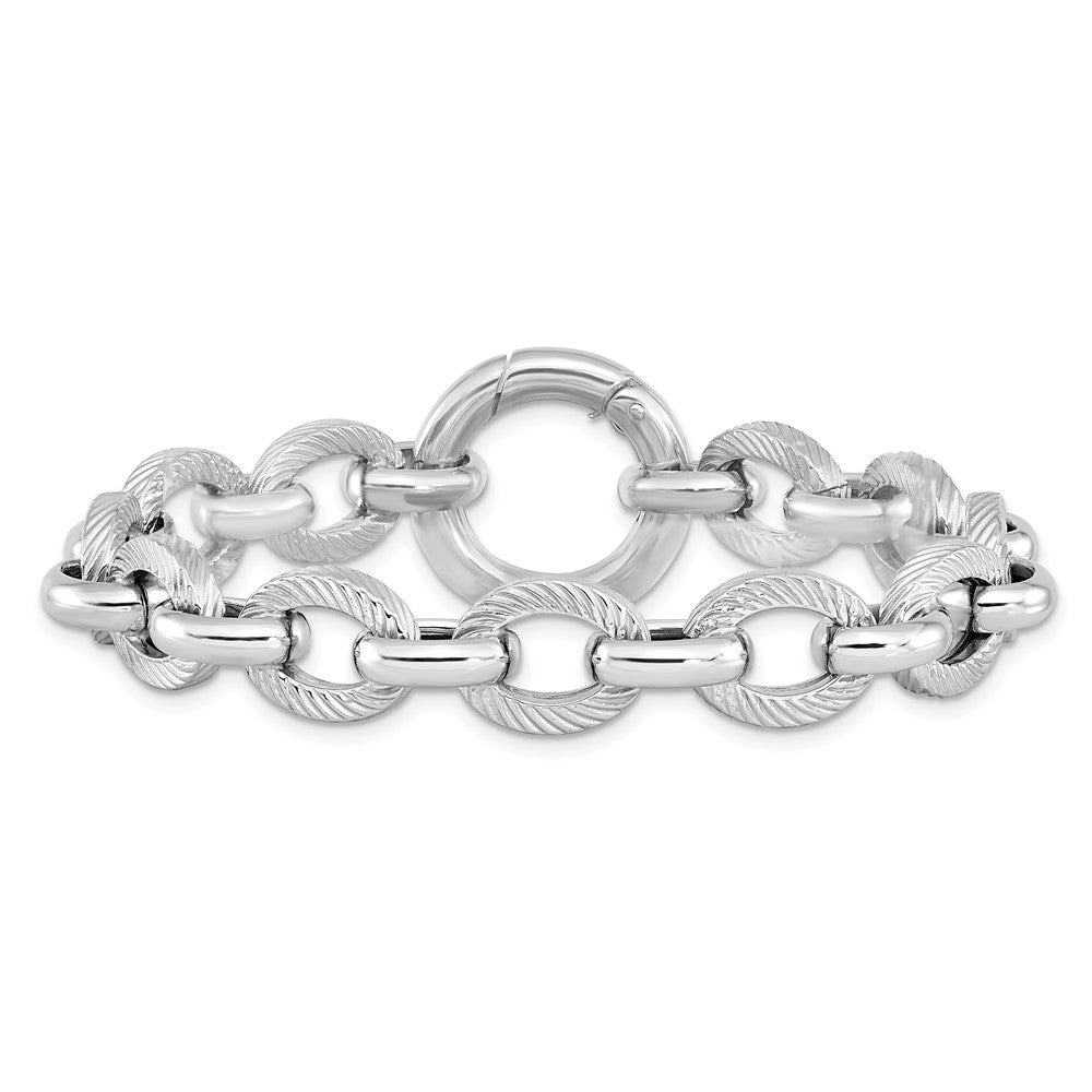 Sterling Silver Rhodium Plated Polished Textured Fancy Link Bracelet