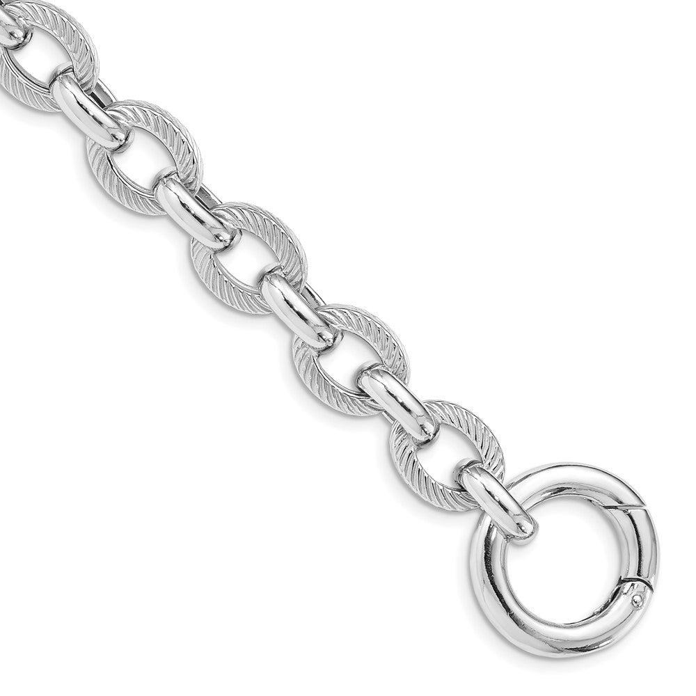 Sterling Silver Rhodium Plated Polished Textured Fancy Link Bracelet