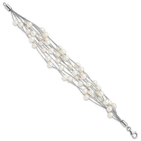 Sterling Silver Rhod-plat 5-6mm White FWC Pearl 10-rows Bracelet