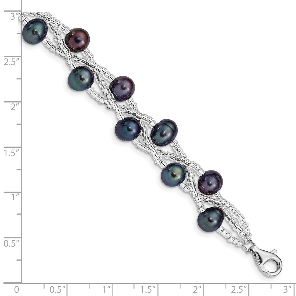 Sterling Silver Rhd-plt 7-9mm Black FWC Pearl & Glass Beaded Bracelet