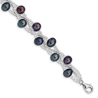 Sterling Silver Rhd-plt 7-9mm Black FWC Pearl & Glass Beaded Bracelet