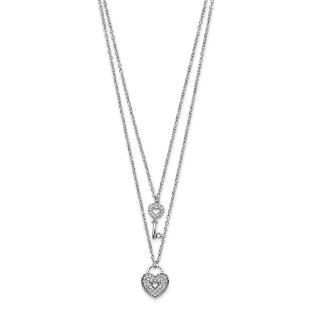 Sterling Silver Rhodium-plated CZ Heart Lock/Key w/2in ext Necklace