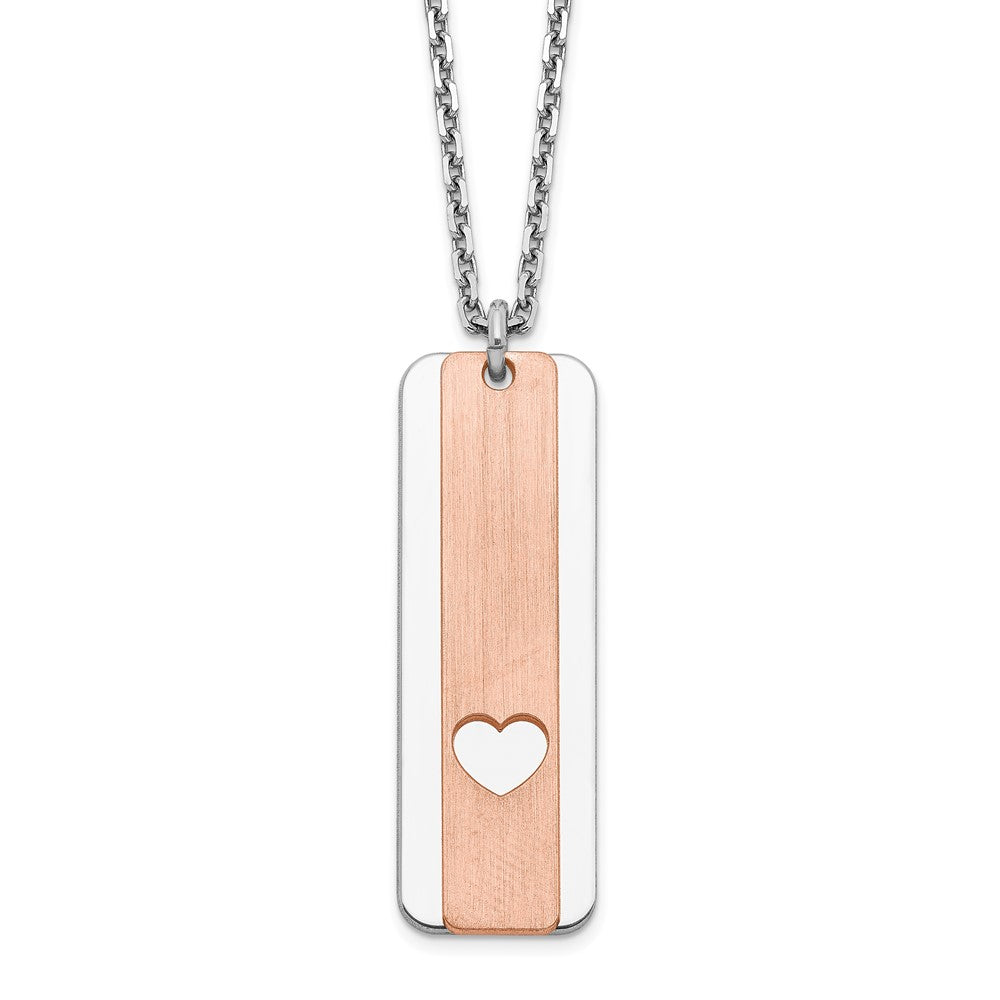 Sterling Silver RH-plated Dogtag w/Rose-tone Heart w/1.25in ext Necklace