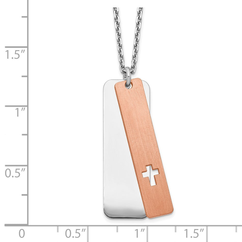 Sterling Silver RH-plated Dogtag w/Rose-tone Cross w/1.25in ext Necklace
