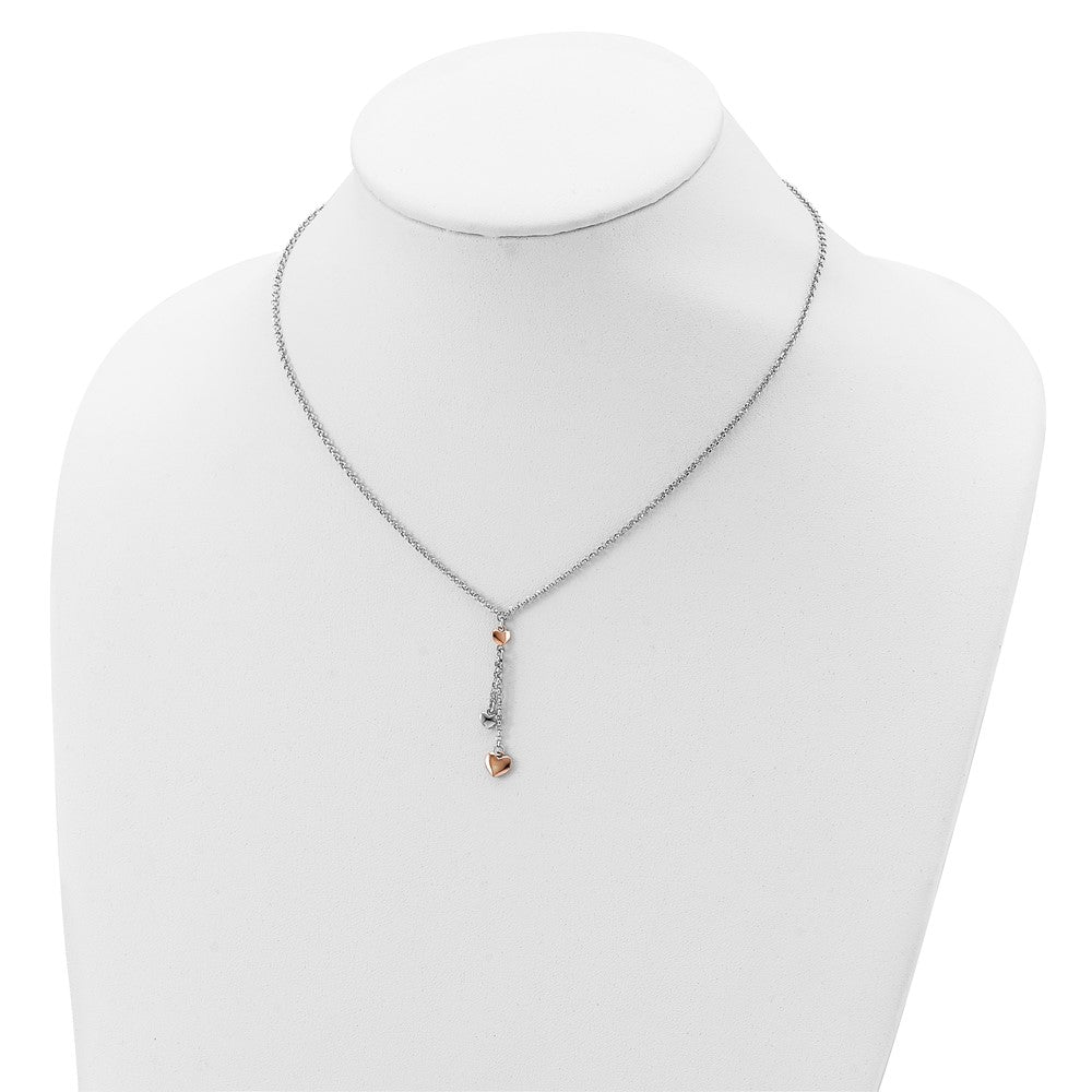 Sterling Silver RH-plated Rose gold-plated Heart 1.5in ext.Necklace