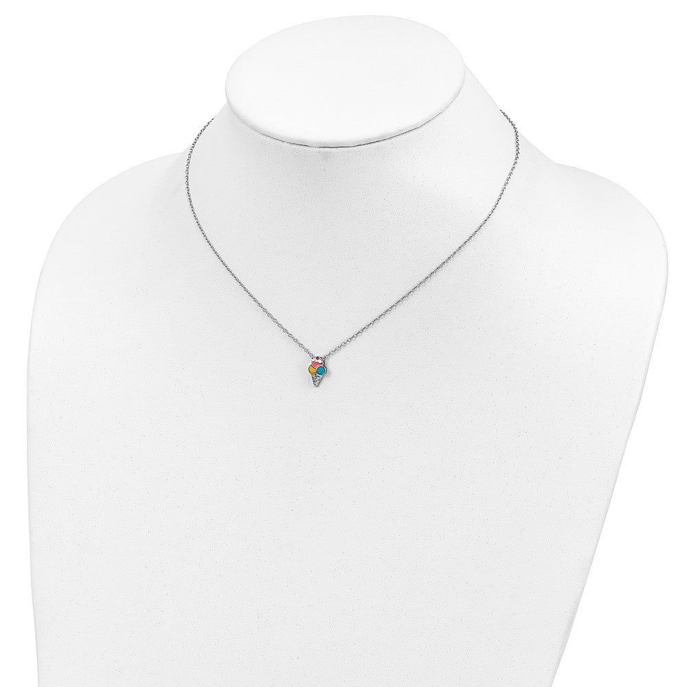 Sterling Silver Rhod-pltd Enamel Ice Cream Cone w/2in ext 16 Inch Necklace