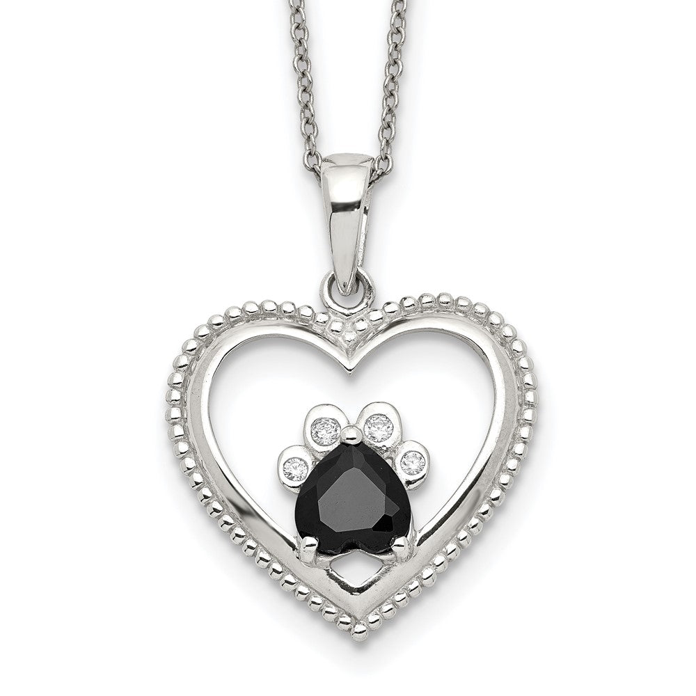 Sterling Silver Black and White CZ Heart with Paw Print 18 inch Necklace