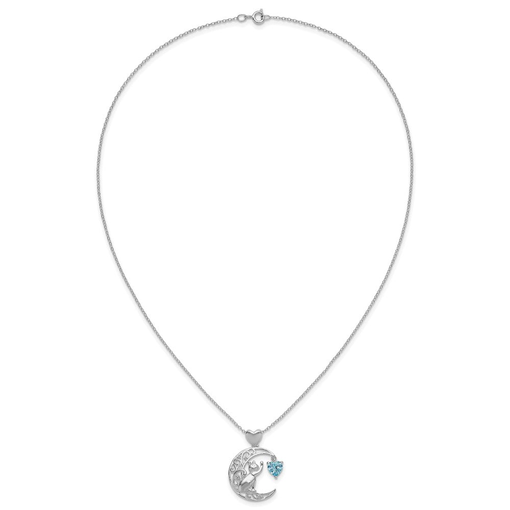 Sterling Silver Blue and Clear CZ Cat and Moon Necklace