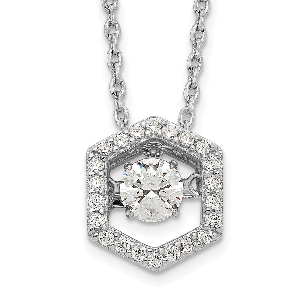 Sterling Silver Rhod-plated Hexagon Moving CZ w/2in ext Necklace