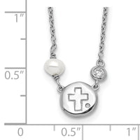 Sterling Silver RH-plated CZ/Cross/FWC Pearl w/2in ext Necklace