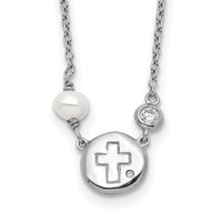 Sterling Silver RH-plated CZ/Cross/FWC Pearl w/2in ext Necklace