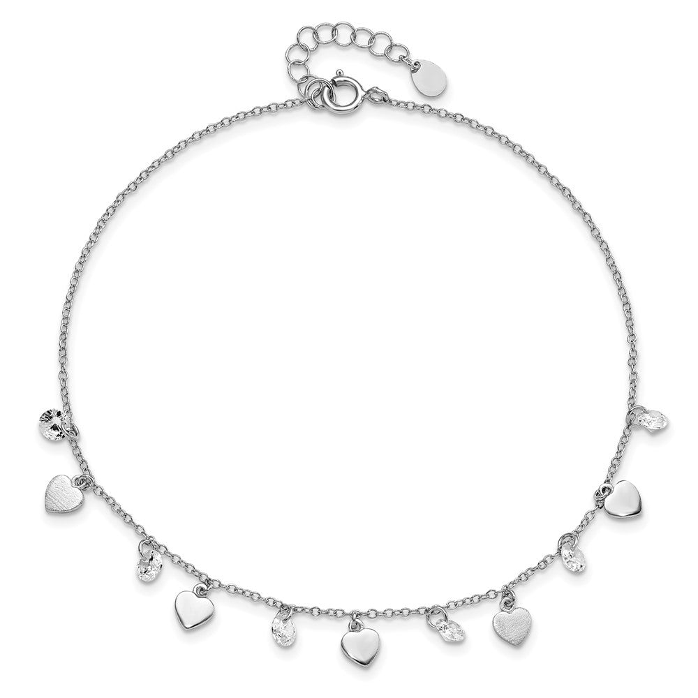 Sterling Silver RH-plated Polish and Brushed Heart CZ 8.75in Plus 1inExt An