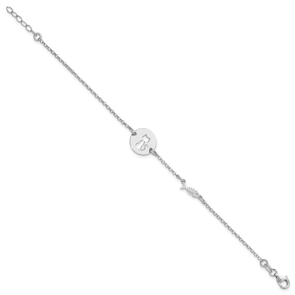 Sterling Silver Rhodium-plated Kitty and Fish w/.5 in Ext Bracelet