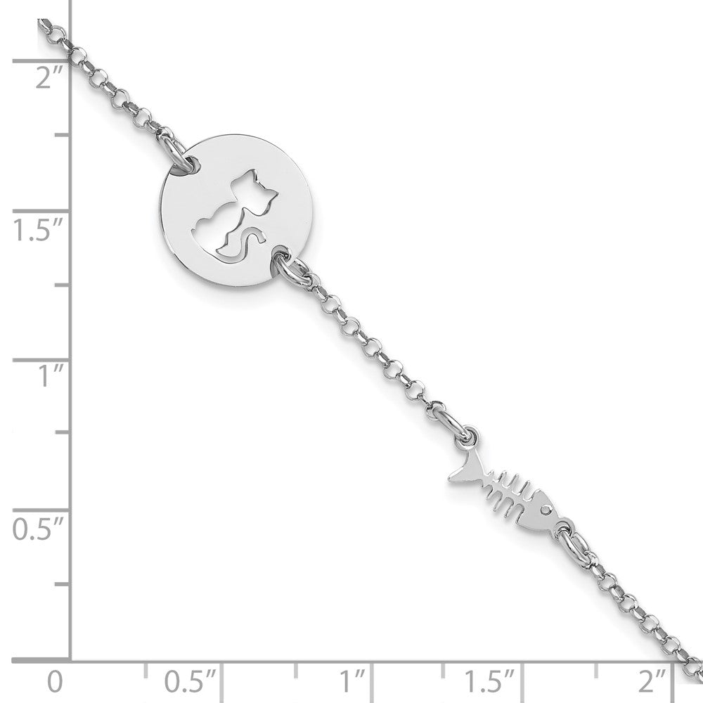 Sterling Silver Rhodium-plated Kitty and Fish w/.5 in Ext Bracelet