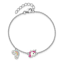 SS RH-plated Enameled Unicorn & Rainbow 5.75in w/ 1in Ext. Bracelet