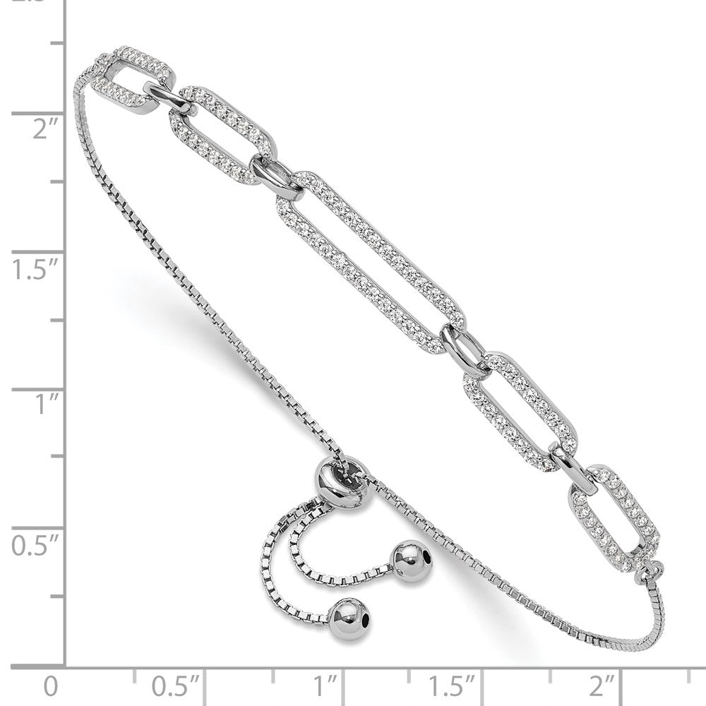 Sterling Silver Rhod-plated Paperclip Link CZ Adjustable Bracelet